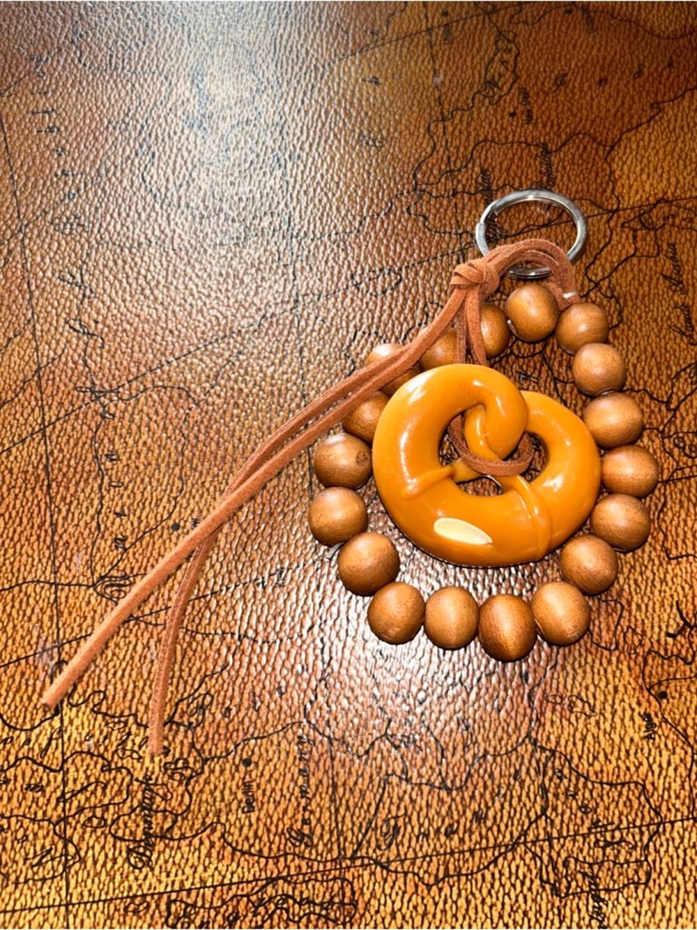 Handmade Wooden Bead Keychain with Leather and Pretzel Charm